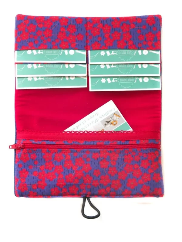 Portefeuille Yoko femme simili cuir et tissu imprimé bleu et rouge fleurs