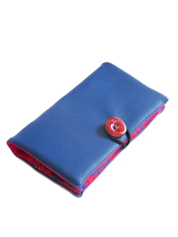 Portefeuille simili cuir bleu et tissu imprimé rouge fleurs