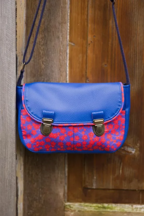 sac à main femme cousu main attache cartable rétro tissu coloré fleurs bleu et rouge Yoko