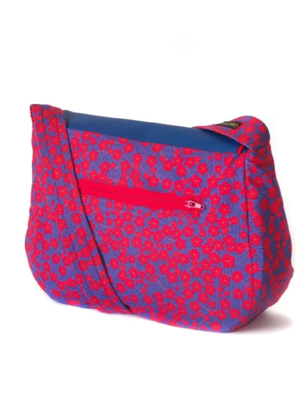 sac à main femme poche zippée cousu main en france tissu imprimé fleuri rouge et bleu