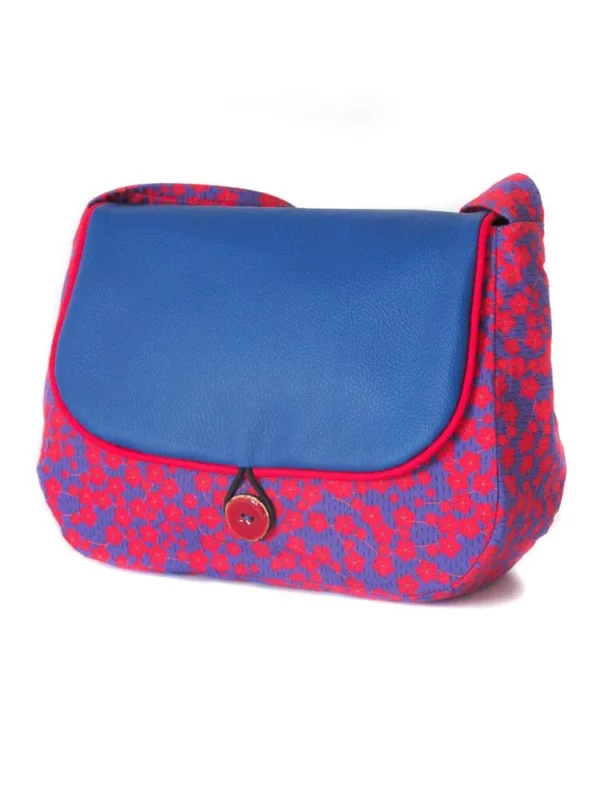 sac à main femme côté tissu imprimé bleu et rouge fleurs cousu main en france