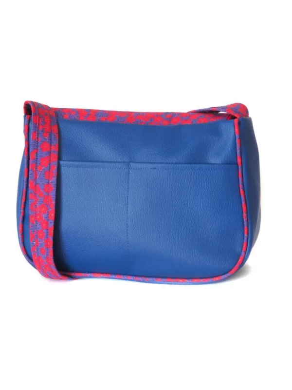 sac à main femme besace deux poches plaquées arrières simili cuir bleu passepoil tissu fleuri
