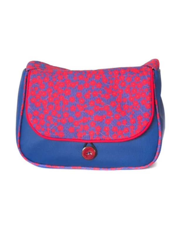 Sac femme bandouliière réversible 2 en 1 bleu rouge simili cuir et tissu imprimé fleurs Yoko