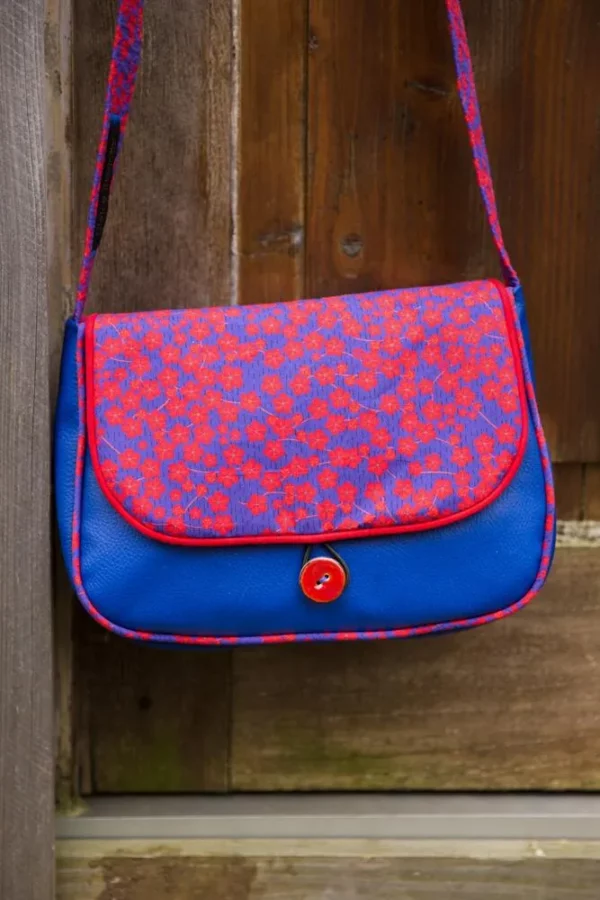 sac femme bandoulière 2 en 1 réversible simili cuir bleu et tissu imprimé fleurs
