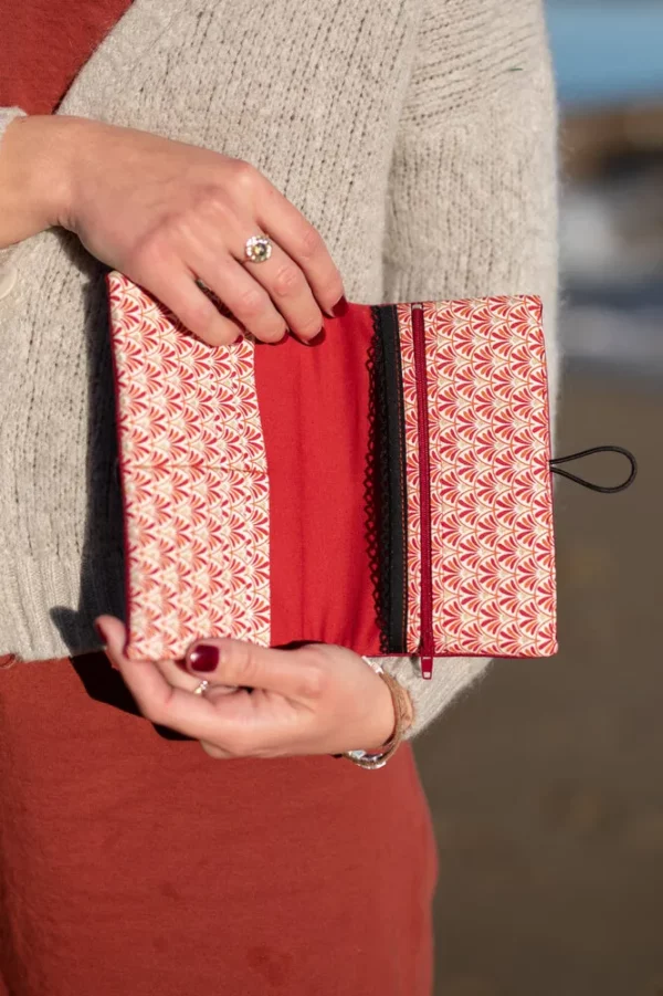 Portefeuille femme compagnon simili cuir bordeaux et tissu imprimé éventails Sarah