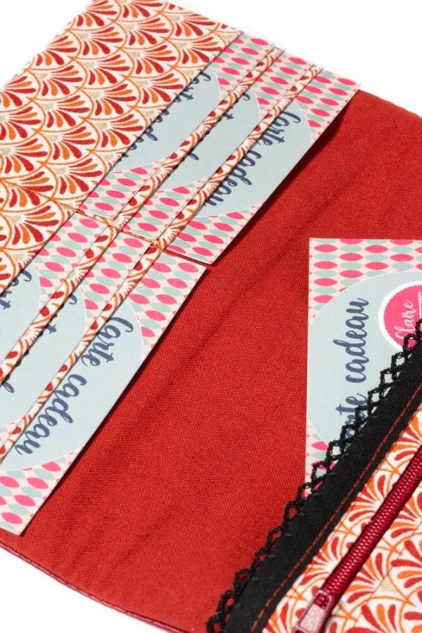 Portefeuille Sarah zoom tissu imprimé éventails rouge et orange Sarah