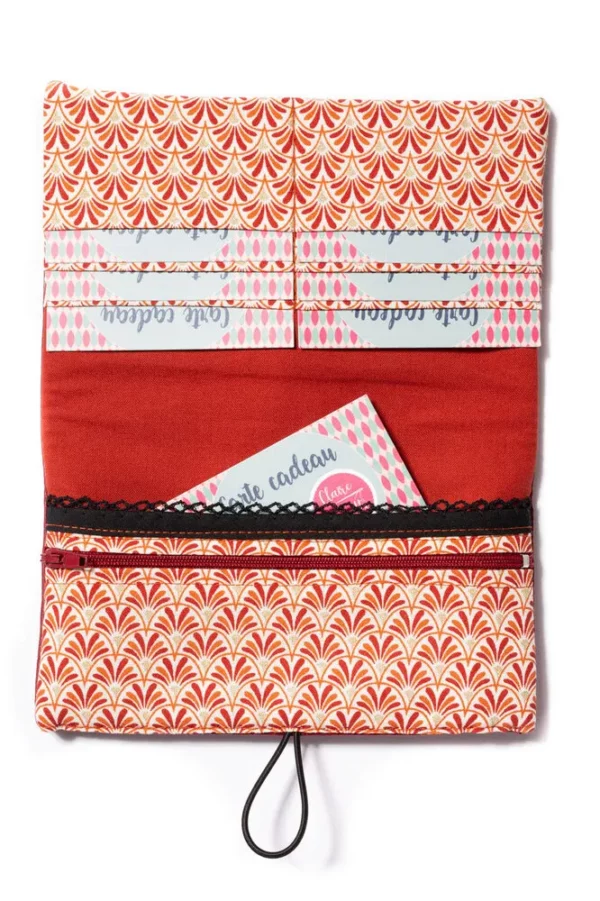 Portefeuille compagnon cartes espèces chéquier motif éventail rouge et orange Sarah