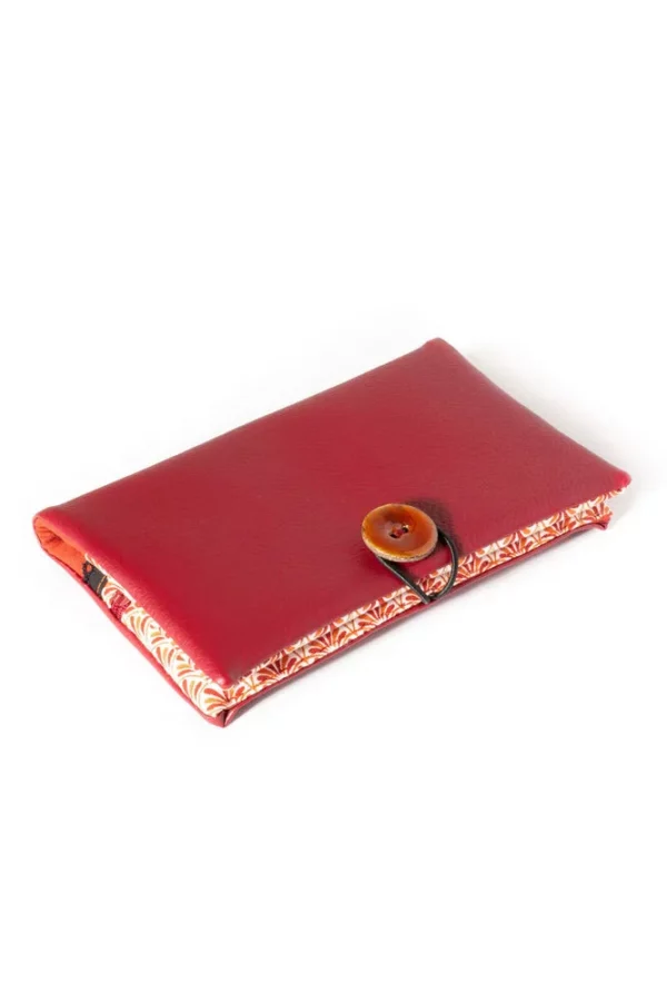 Portefeuille femme compagnon Sarah made in France vue dessus simili cuir bordeaux et tissu imprimé éventail