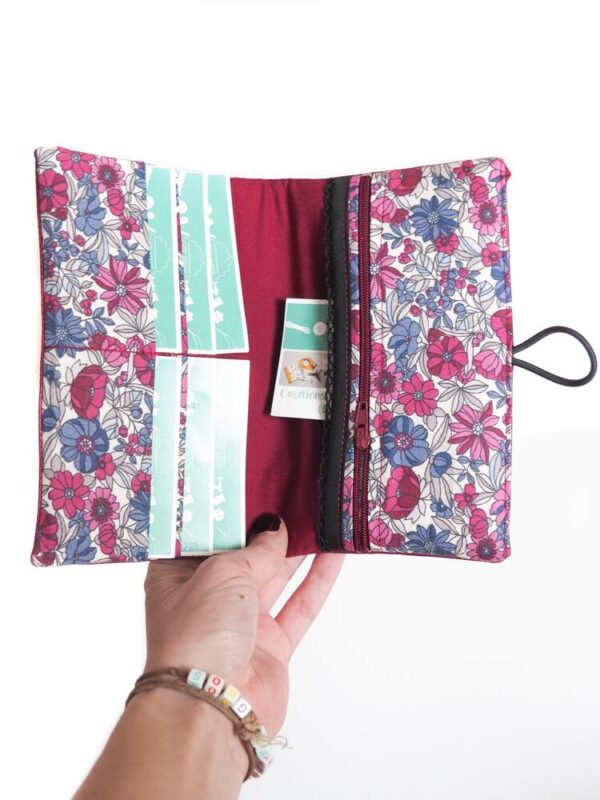 Portefeuille femme compagnon simili cuir bordeaux et tissu imprimé fleurs violet Lulu