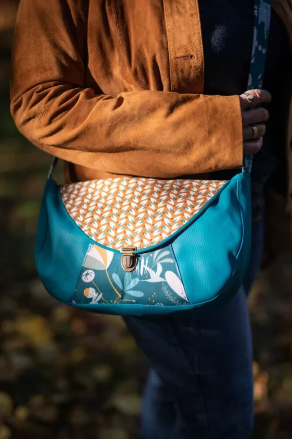 Sac besace simili cuir et tissu imprimé turquoise cousu main en France Moka