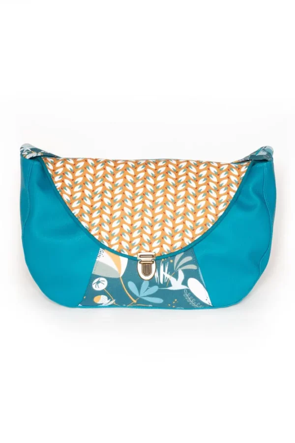 Sac besace Moka simili cuir turquoise et tissu imprimé lapins
