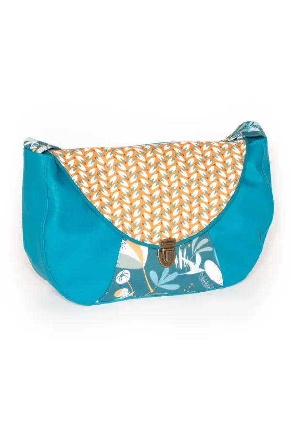 Sac besace Moka profil simili cuir turquoise et tissu imprimé