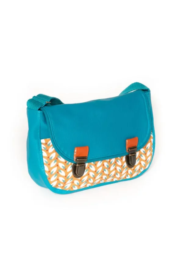 Sac à main femme cousu main simili cuir turquoise et tissu imprimé moka