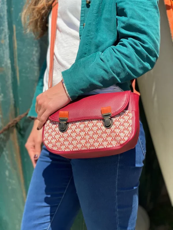 Sac à main femme bandoulière ajustable simili cuir bordeaux et tissu imprimé motifs éventails orange