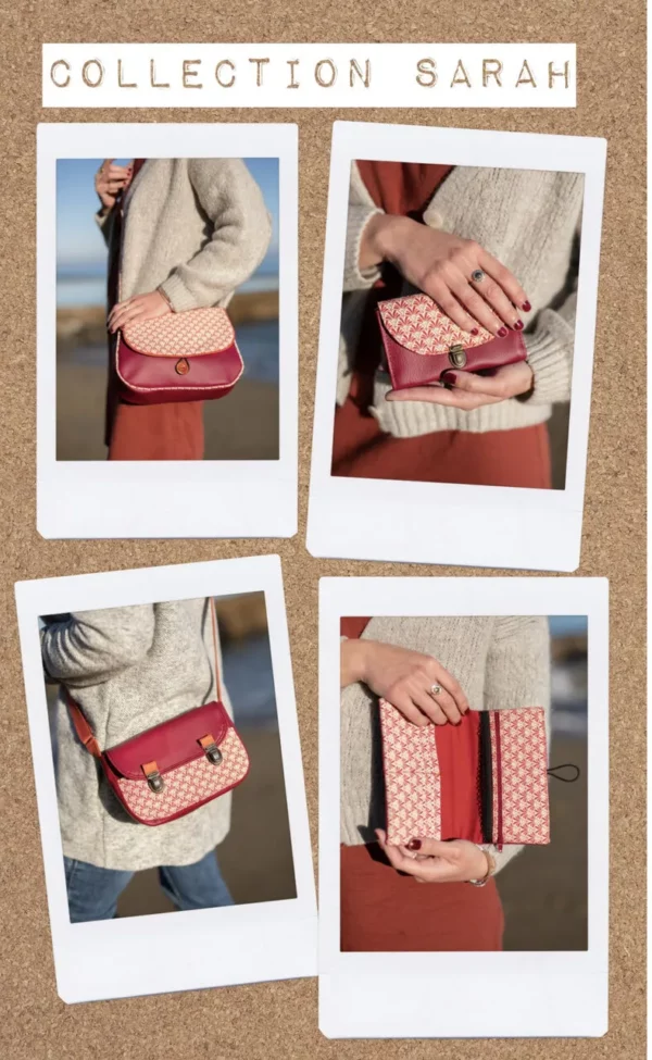 Sac femme fait main en France simili cuir rouge bordeaux et tissu imprimé rouille orange
