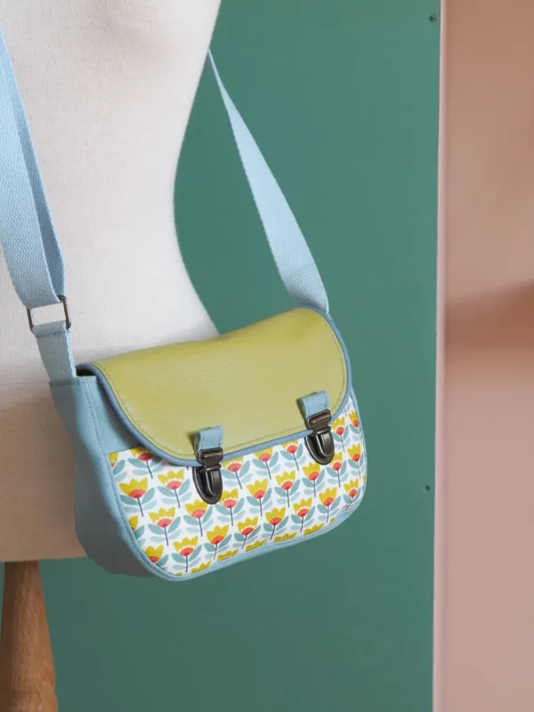Sac femme cousu main bleu vert rétro simili cuir et tissu imprimé