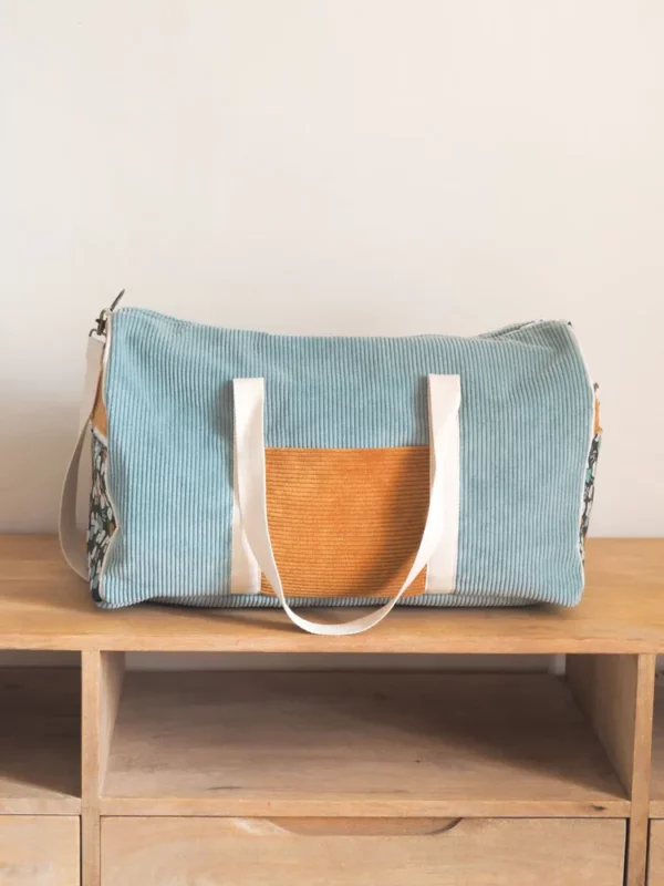 Sac week-end velours bleu et moutarde