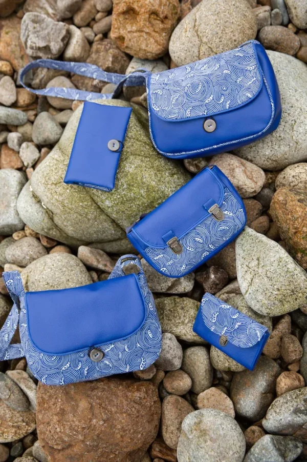 Sac à main sac réversible portefeuille porte monnaie fait main bleu Océan
