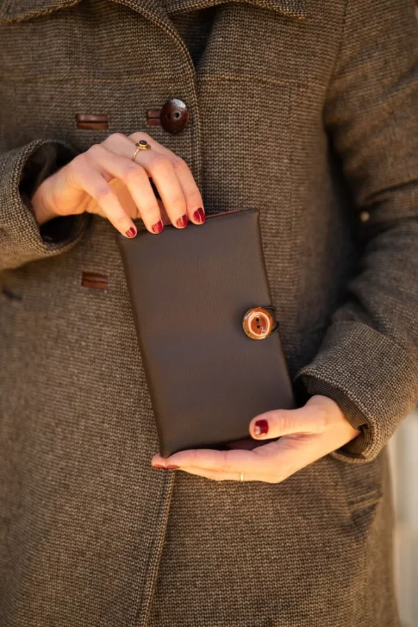 Portefeuille compagnon femme simili cuir marron bouton rouille