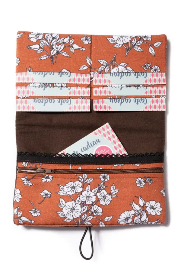 Portefeuille compagnon femme simili cuir marron tissu imprimé rouille fleurs Juliette