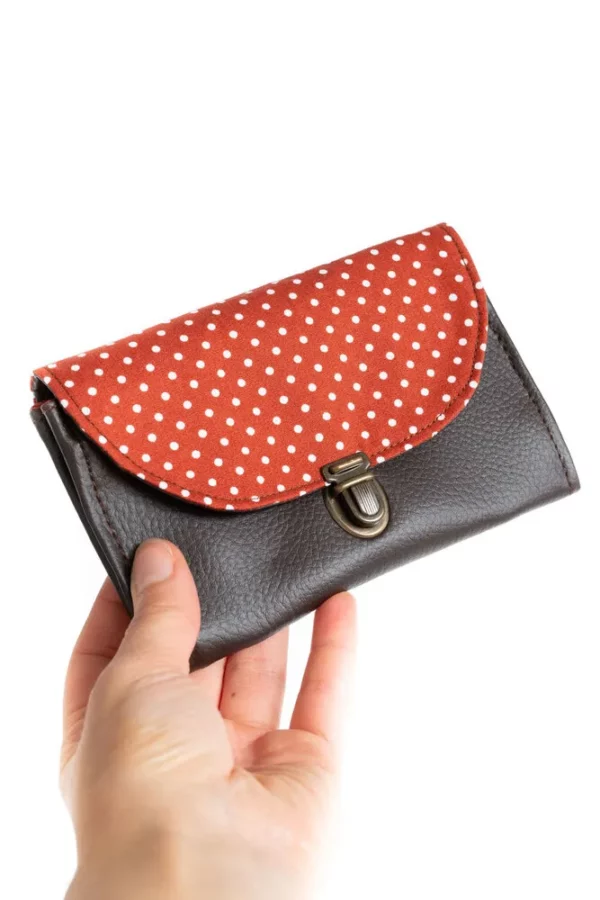 Portemonnaie made in France simili cuir marron tissu imprimé rouille pois Juliette