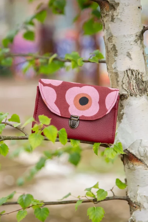 Porte monnaie femme fait main simili cuir bordeaux tissu imprimé vintage fleurs roses Paulette