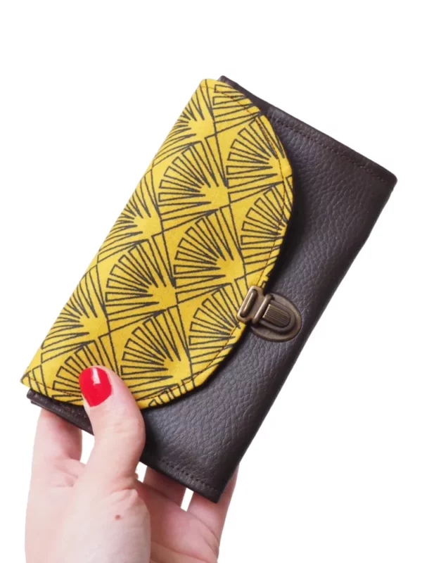 Porte monnaie femme attache cartable rétro simili cuir marron tissu imprimé jaune moutarde