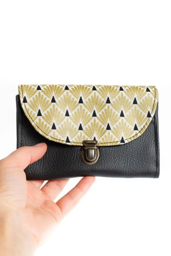 Porte monnaie femme fait main simili cuir noir tissu imprimé doré Lucie