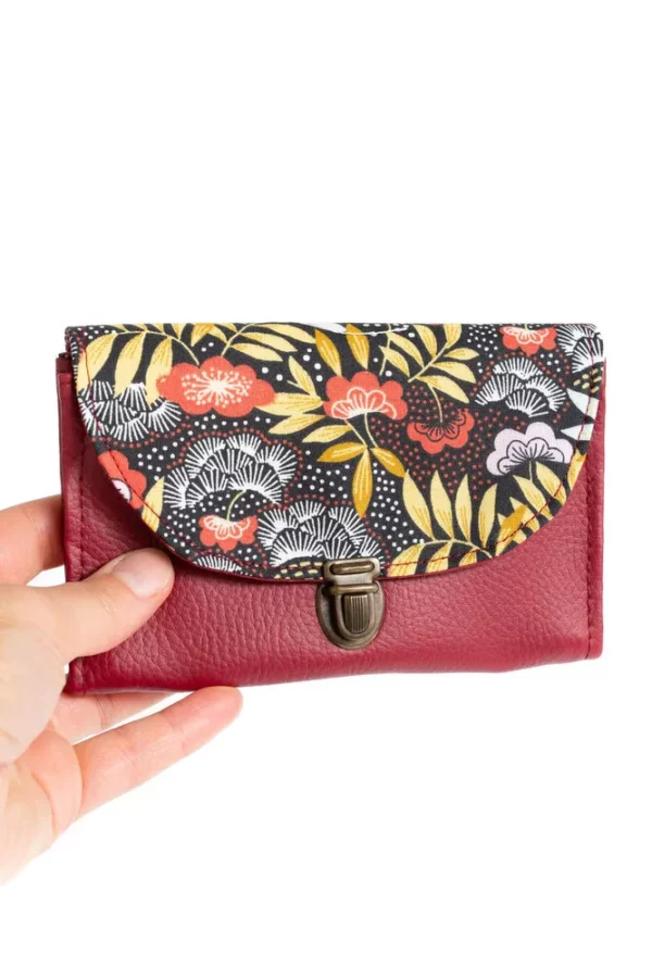 Porte monnaie fait main Sophie simili cuir bordeaux tissu imprimé feuillage