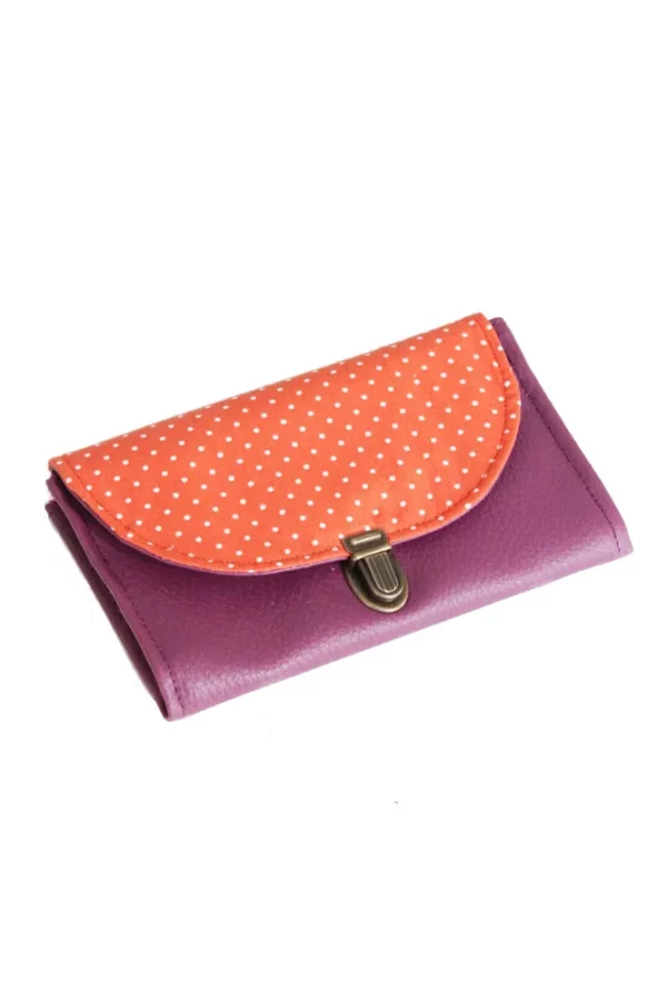 Porte monnaie femme violet orange pois fait main en Bretagne
