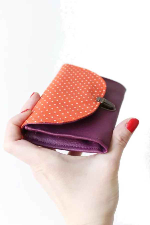 Porte monnaie femme violet orange pois soufflet