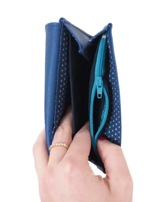 Porte monnaie bleu électrique turquoise intérieur poche zippée monnaie et compartiments cartes