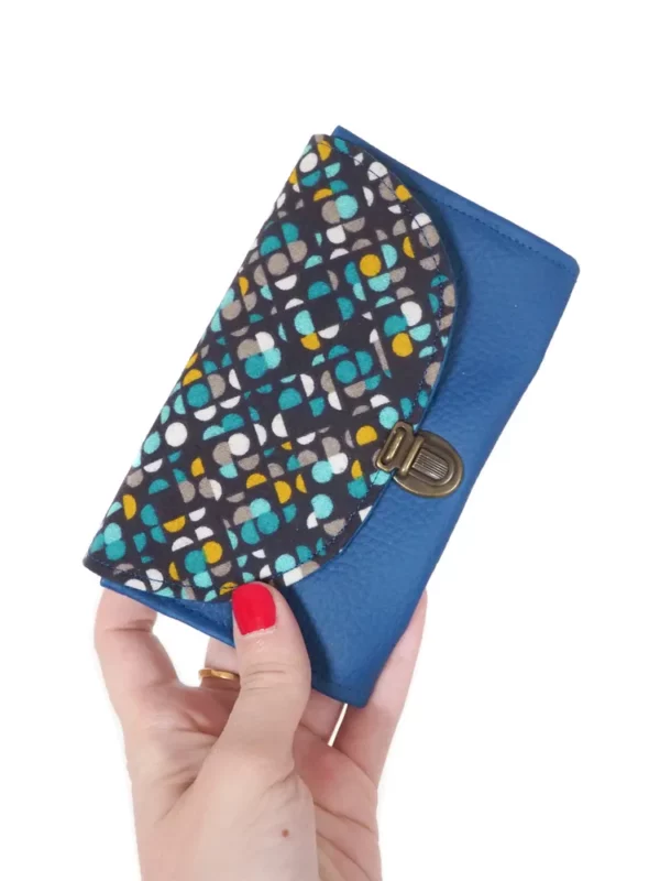 Porte monnaie femme attache cartable simili cuir bleu électrique tissu imprimé turquoise