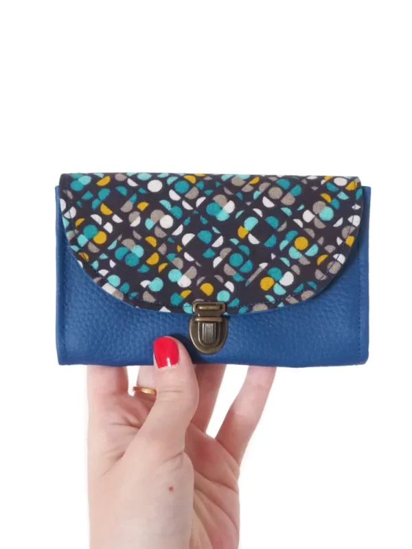 Porte monnaie fait main en France simili cuir bleu électrique et tissu imprimé turquoise jaune