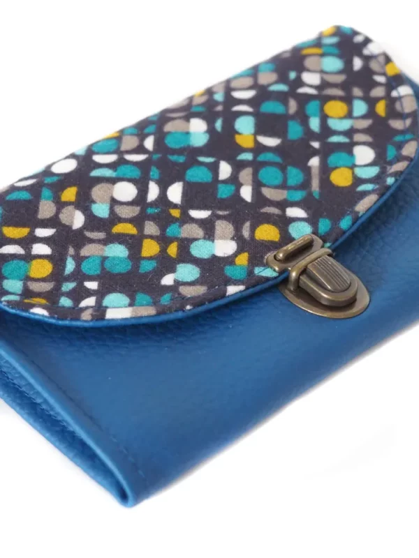 Porte monnaie femme cousu main en Bretagne simili cuir bleu tissu imprimé attache carteble rétro