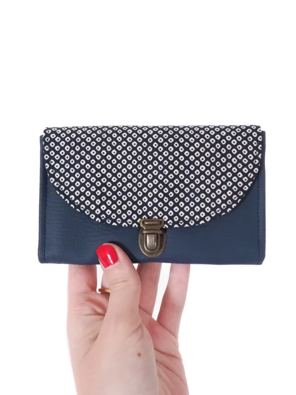 Porte monnaie femme attache cartable simili cuir bleu marine tissu imprimé japonais points