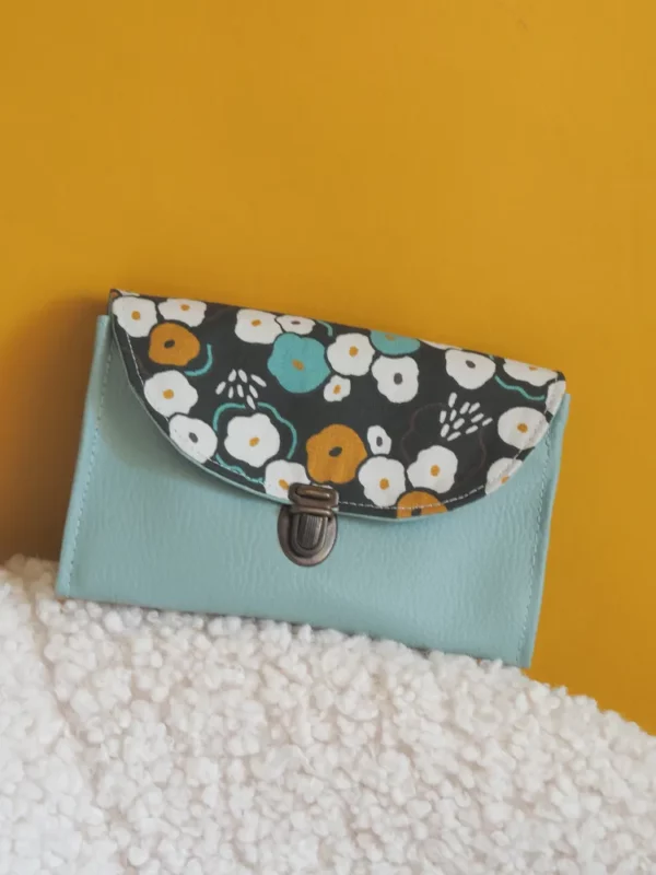 Porte monnaie coloré pour femme simili cuir bleu gris tissu rétro fleurs moutarde June