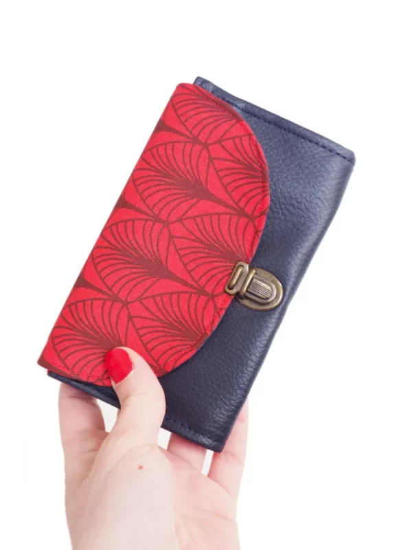 Porte monnaie bleu marine rouge feuille fabriqué en Bretagne