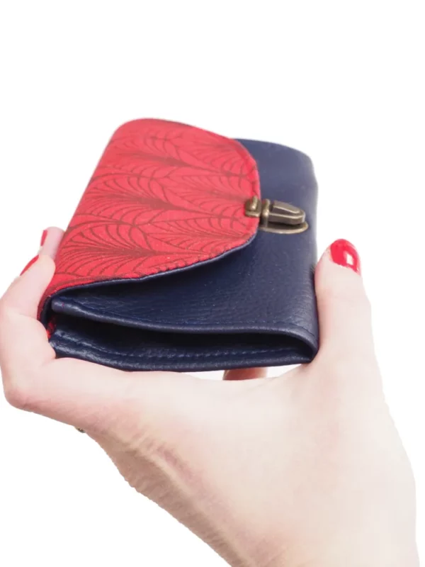 Porte monnaie femme bleu marine rouge feuilles soufflet