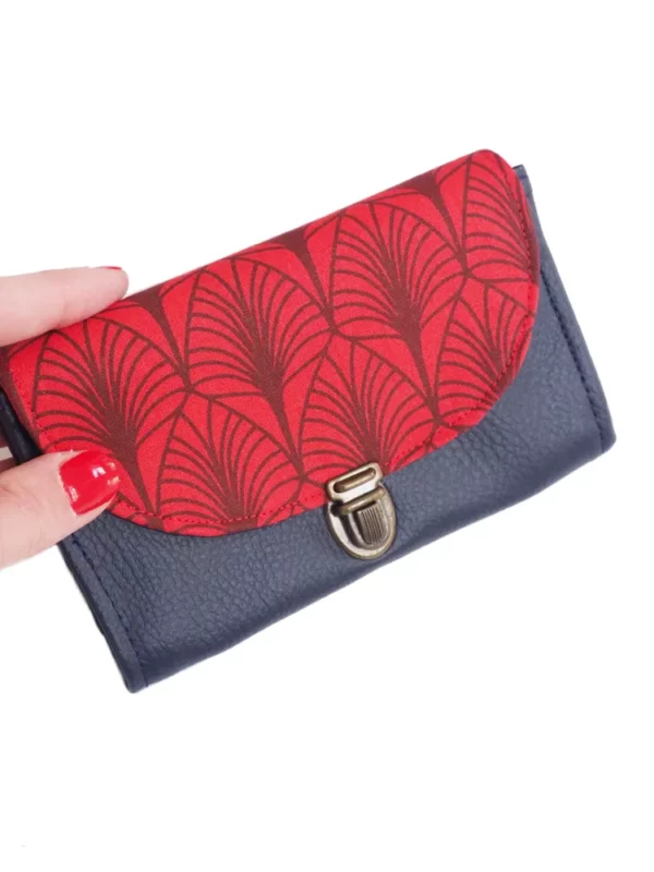 Porte monnaie femme simili cuir bleu marine tissu imprimé rouge feuille fabriqué en France
