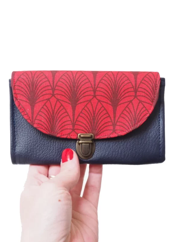 Porte monnaie femme attache cartable rétro simili cuir bleu marine tissu imprimé rouge feuilles