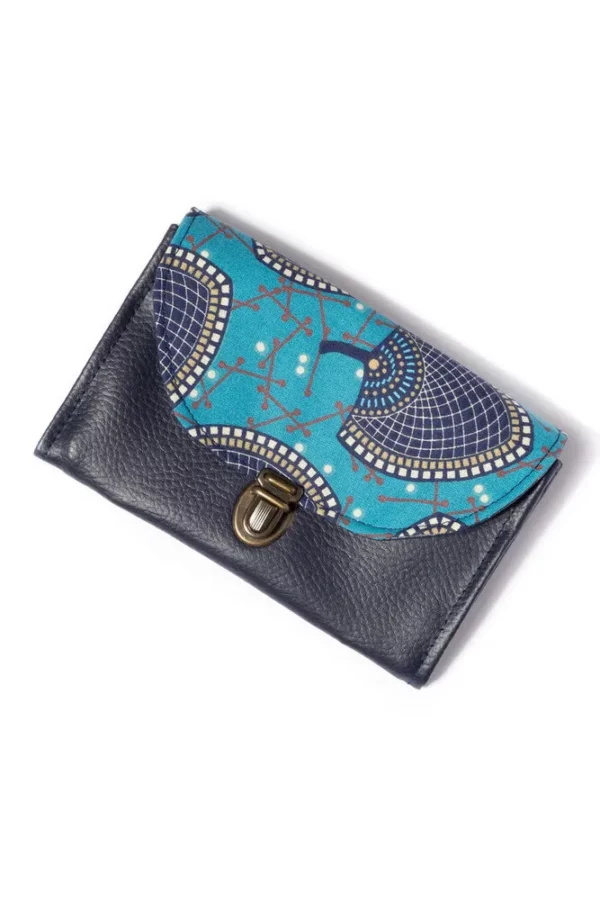 Porte monnaie femme attache cartable fait main en France bleu marine turquoise Isa