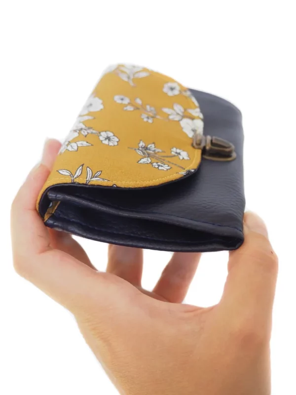 Porte monnaie femme marine moutarde fleurs soufflet