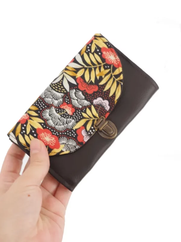 Porte monnaie femme fait main en France simili cuir marron tissu imprimé feuillage