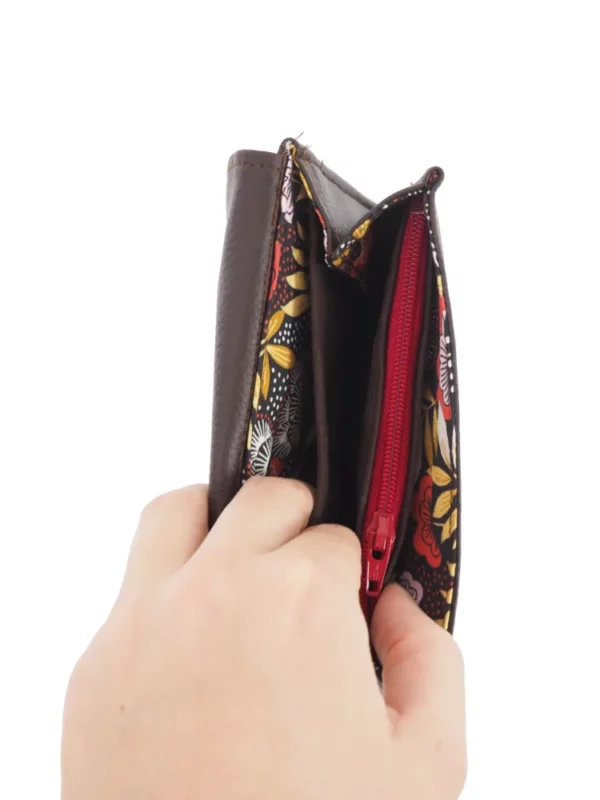 Porte monnaie marron feuillage intérieur poche zippé monnaie compartiments cartes