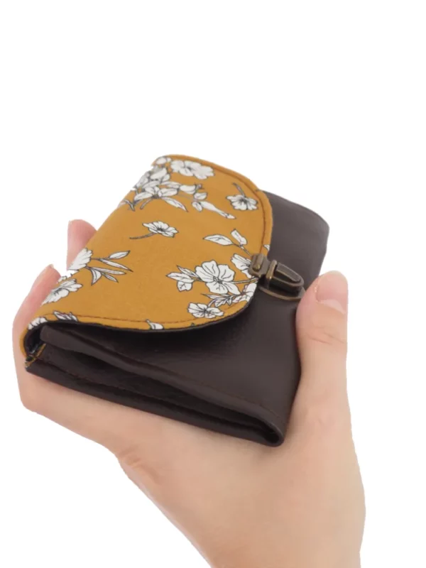 Porte monnaie femme marron moutarde fleurs soufflet