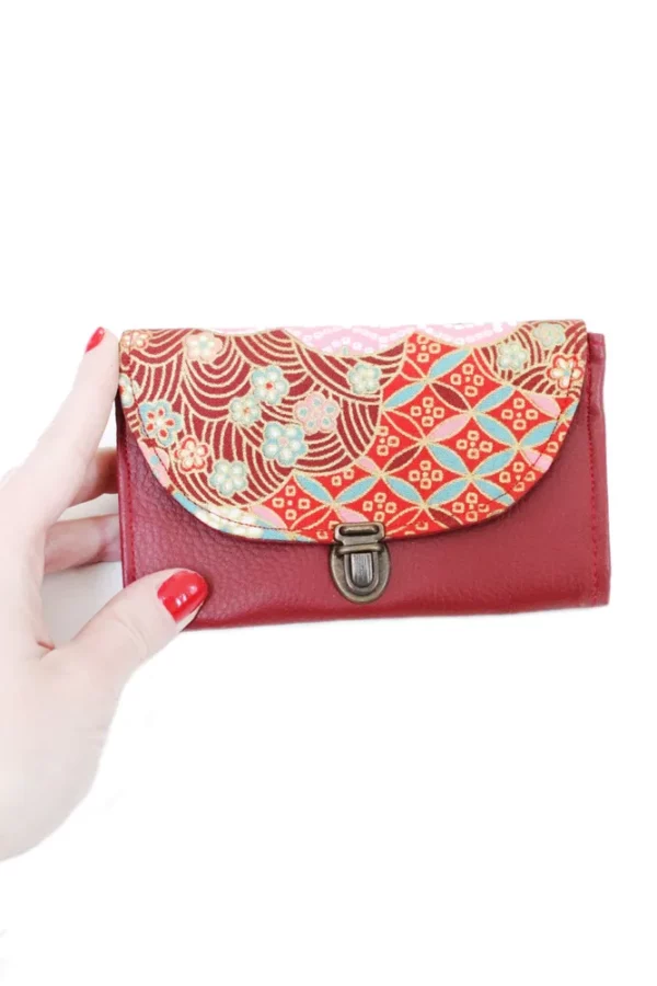 Porte monnaie femme fait main en France simili cuir rouge bordeaux tissu imprimé japonais doré
