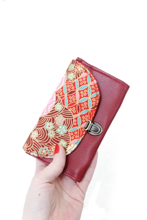 Porte monnaie femme attache cartable rétro simili cuir bordeaux tissu imprimé rouge rose doré japonais