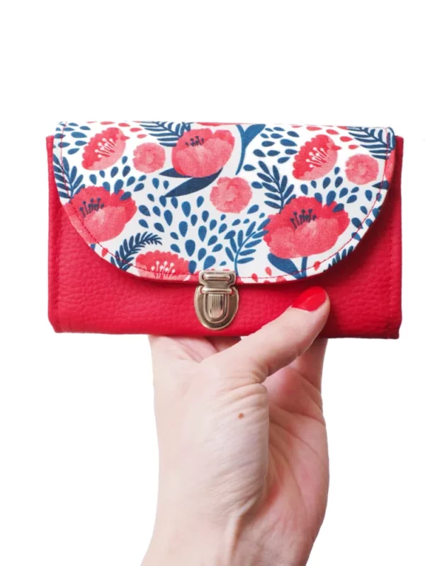 Porte monnaie femme attache cartable rétro simili cuir rouge et tissu imprimé coquelicots
