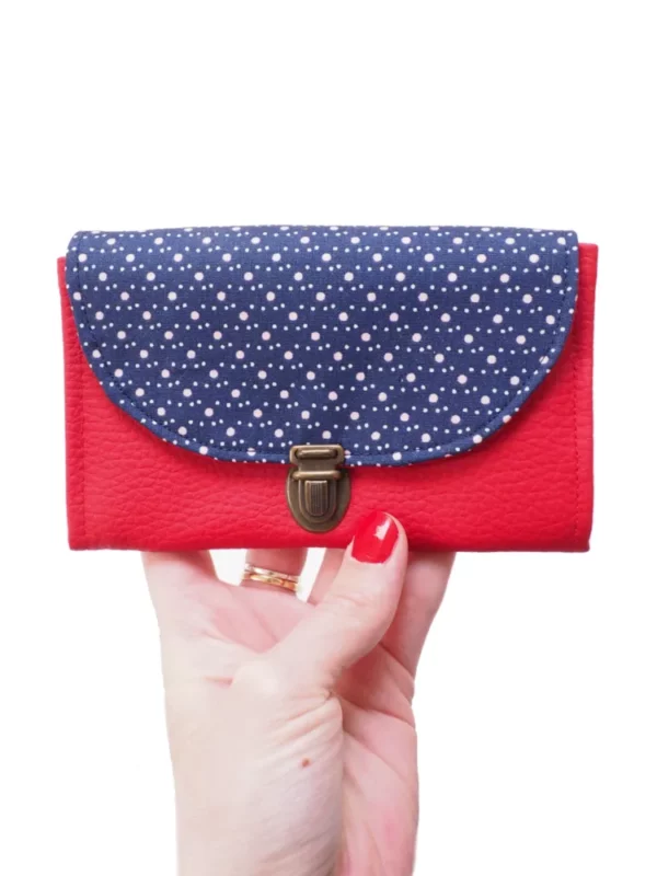 Porte monnaie made in France simili cuir rouge et tissu imprimé bleu pois